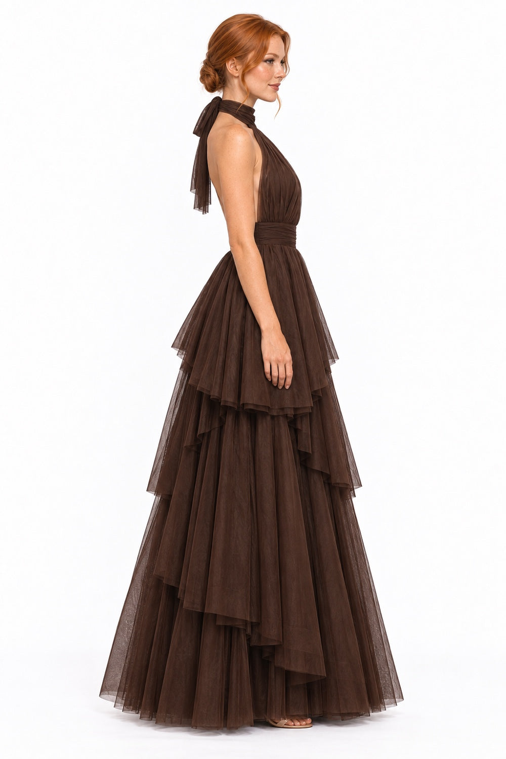 Pink Shop by MAF Vestido largo de tul halter con capas escalonadas café toffee, vista 4
