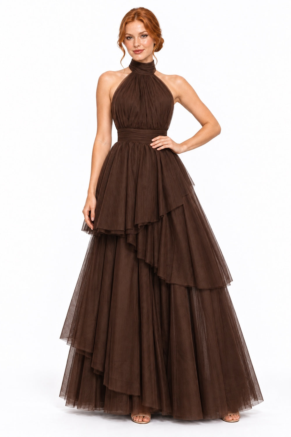 Pink Shop by MAF Vestido largo de tul halter con capas escalonadas café toffee, vista 6
