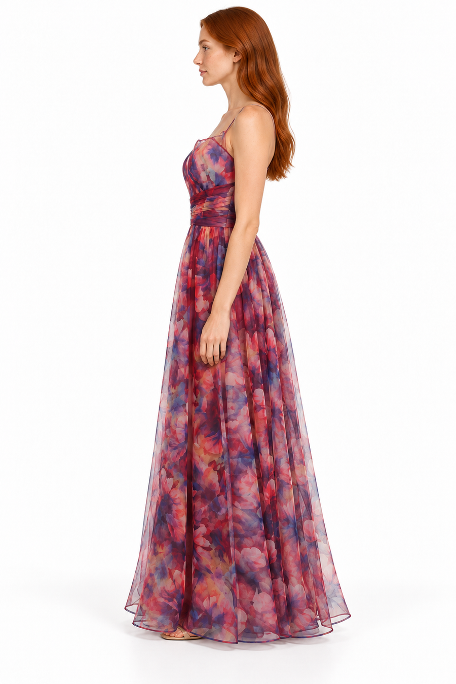 Pink Shop by MAF Vestido largo de malla estampado floral con tirantes berenjena, lateral