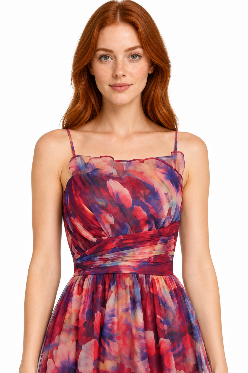 Pink Shop by MAF Vestido largo de malla estampado floral con tirantes berenjena, detalle