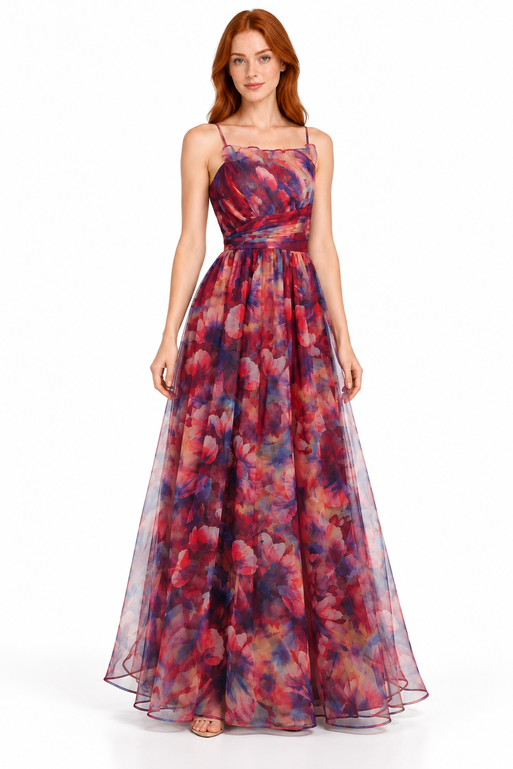 Pink Shop by MAF Vestido largo de malla estampado floral con tirantes berenjena, editorial