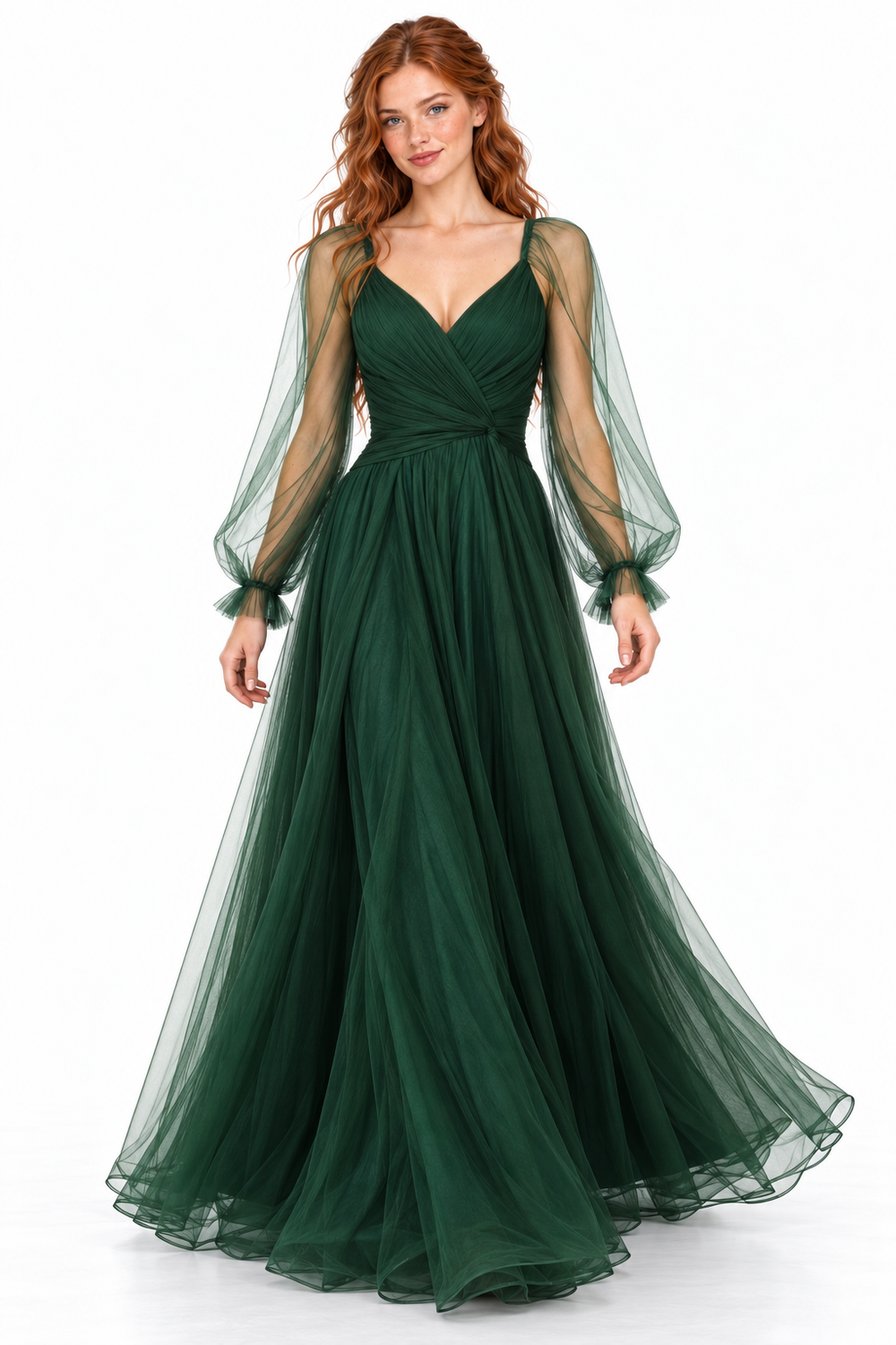 Pink Shop by MAF Vestido largo de tul manga larga con amarre en la espalda verde botella, movimiento