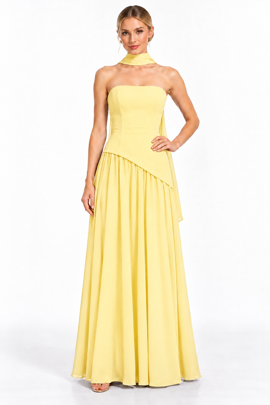 Pink Shop by MAF Vestido largo strapless con falda de chifón y bufanda amarillo, vista 2