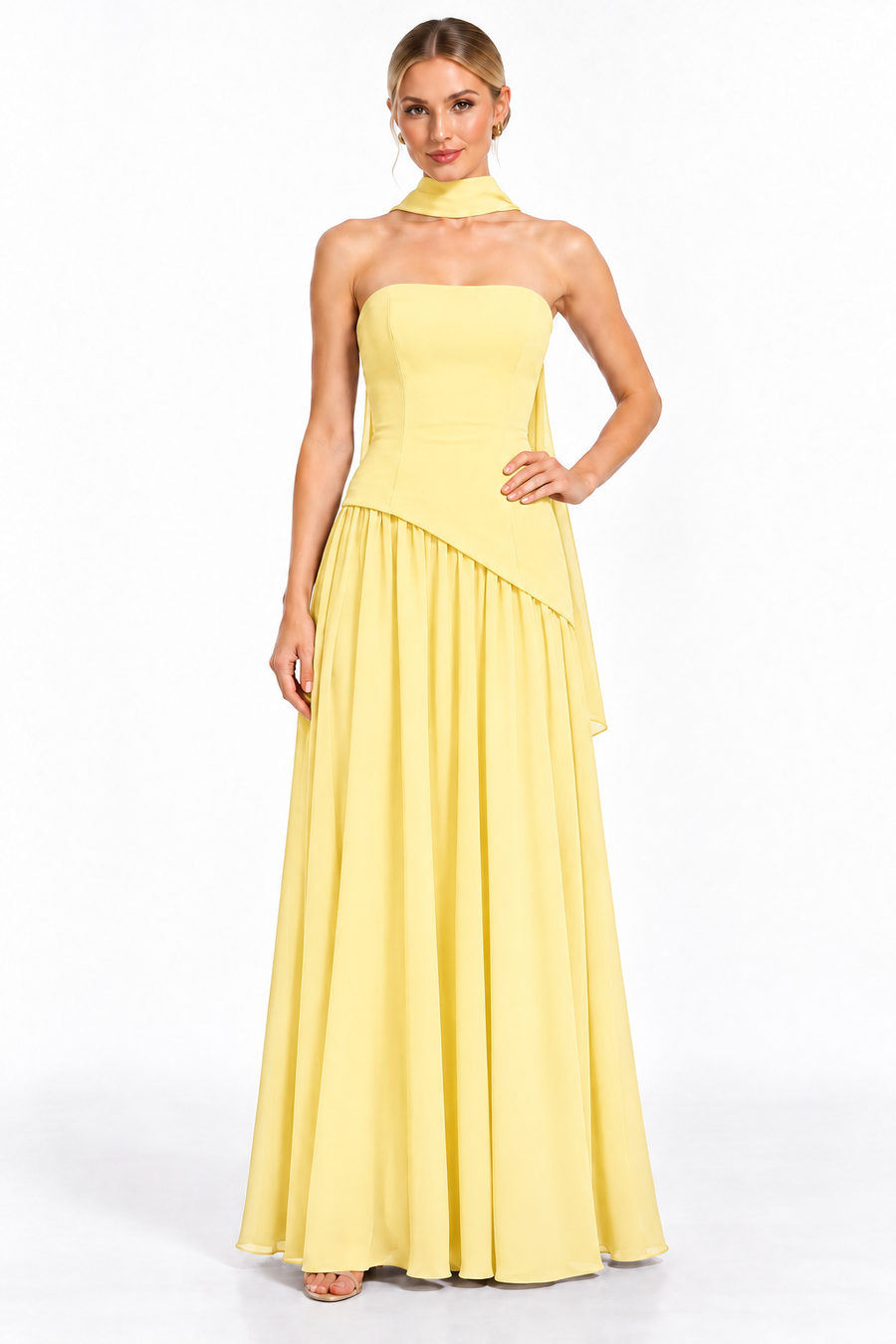 Pink Shop by MAF Vestido largo strapless con falda de chifón y bufanda amarillo, vista 2
