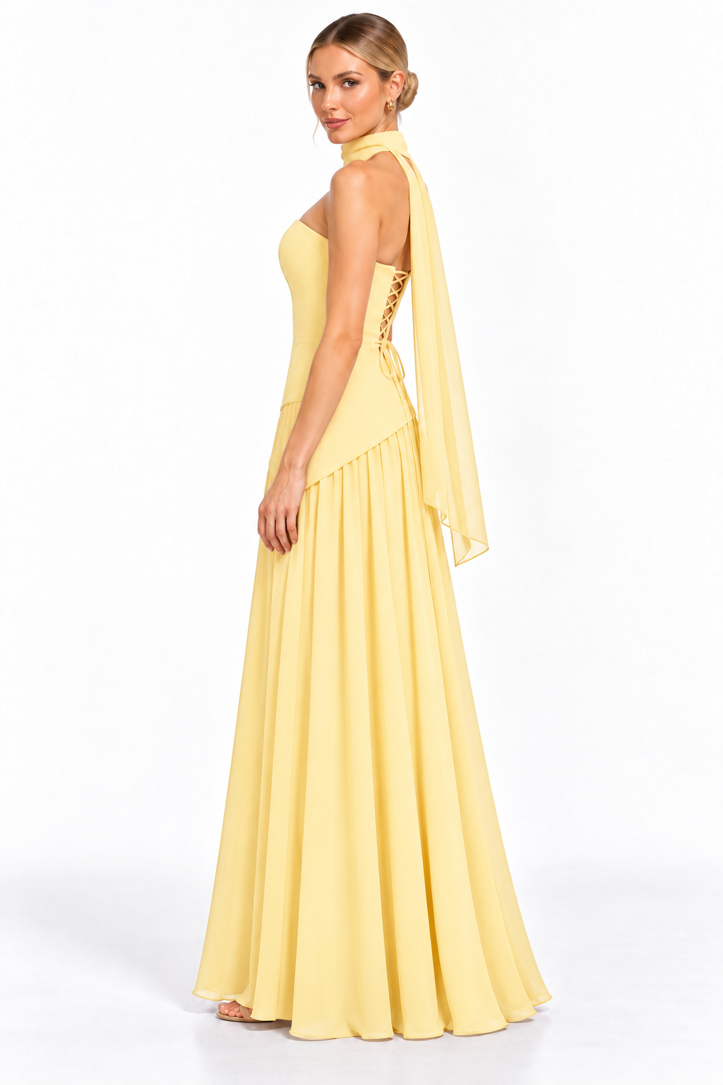 Pink Shop by MAF Vestido largo strapless con falda de chifón y bufanda amarillo, vista 4