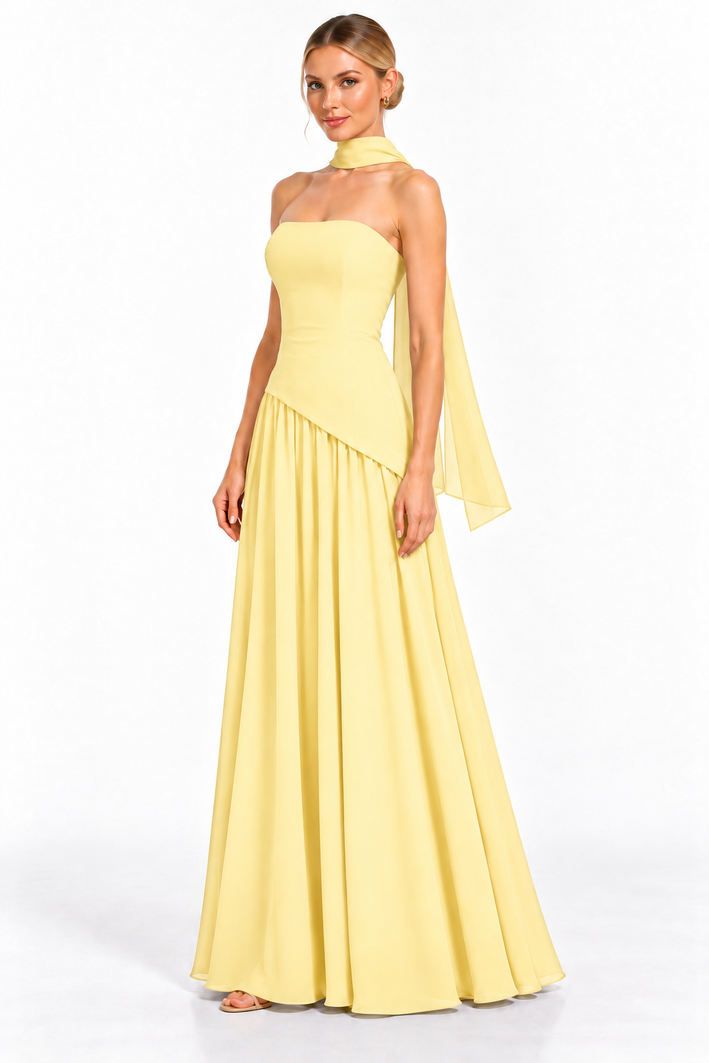 Pink Shop by MAF Vestido largo strapless con falda de chifón y bufanda amarillo, vista 5