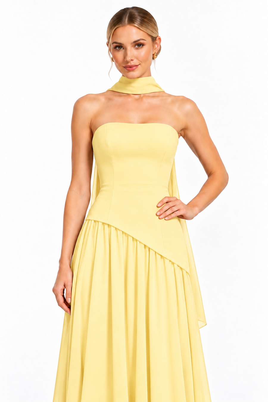 Pink Shop by MAF Vestido largo strapless con falda de chifón y bufanda amarillo, vista 6