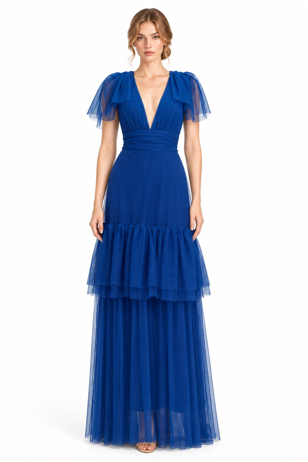 Pink Shop by MAF vestido largo de tul azul rey con olanes, vista 1