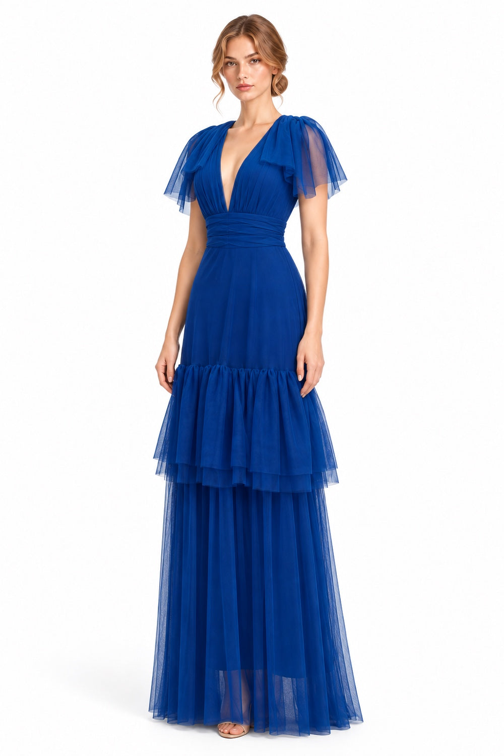 Pink Shop by MAF vestido largo de tul azul rey con olanes, vista 3