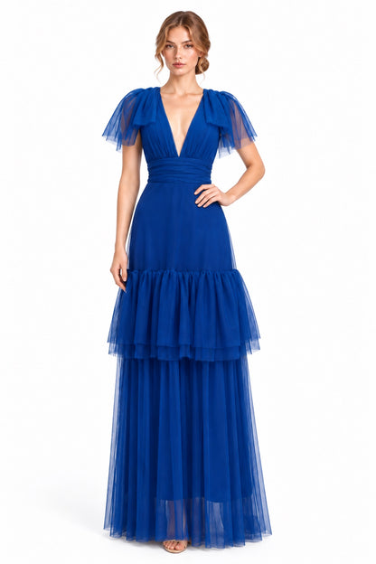 Pink Shop by MAF vestido largo de tul azul rey con olanes, vista 6