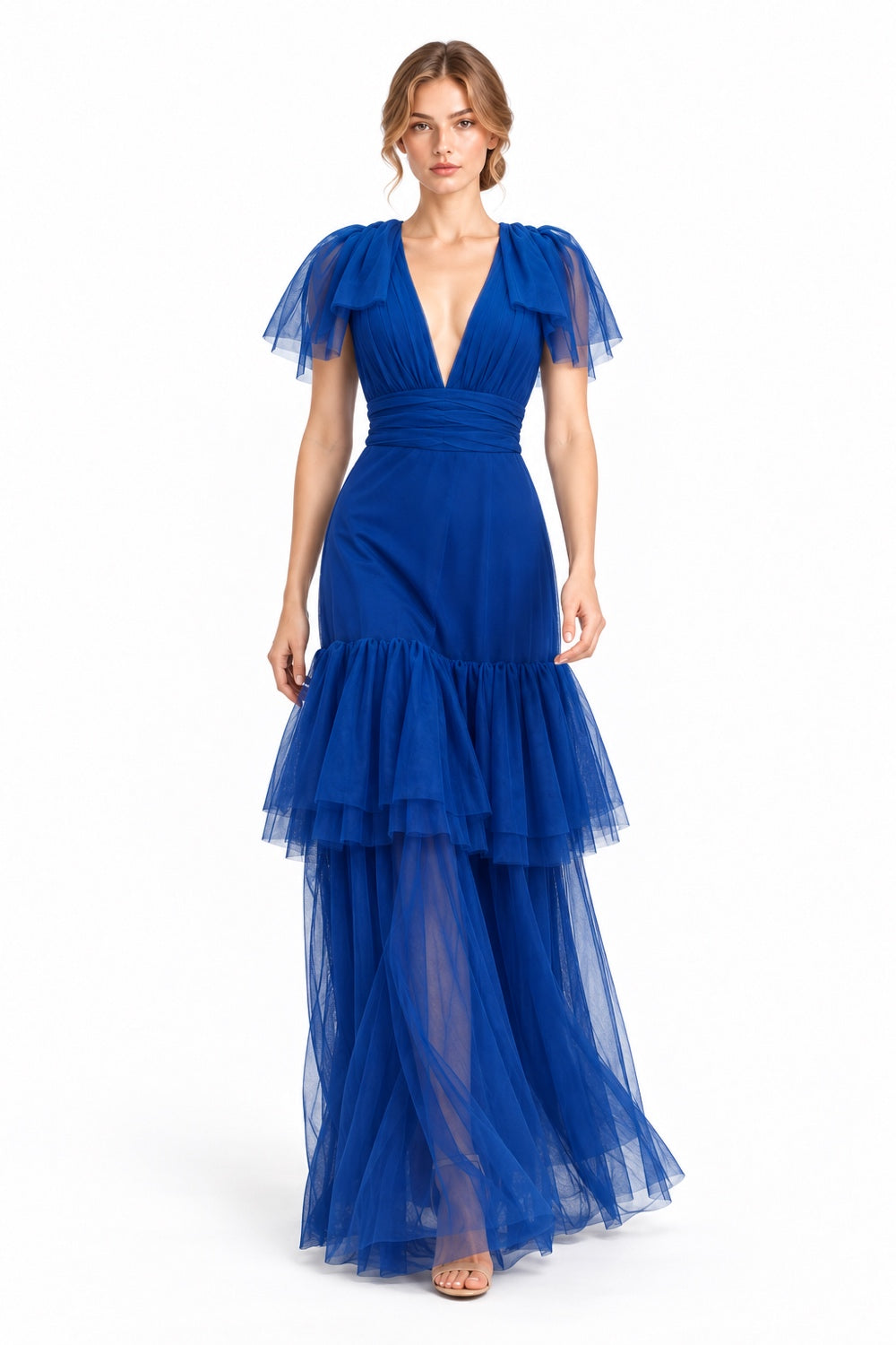 Pink Shop by MAF vestido largo de tul azul rey con olanes, vista 7