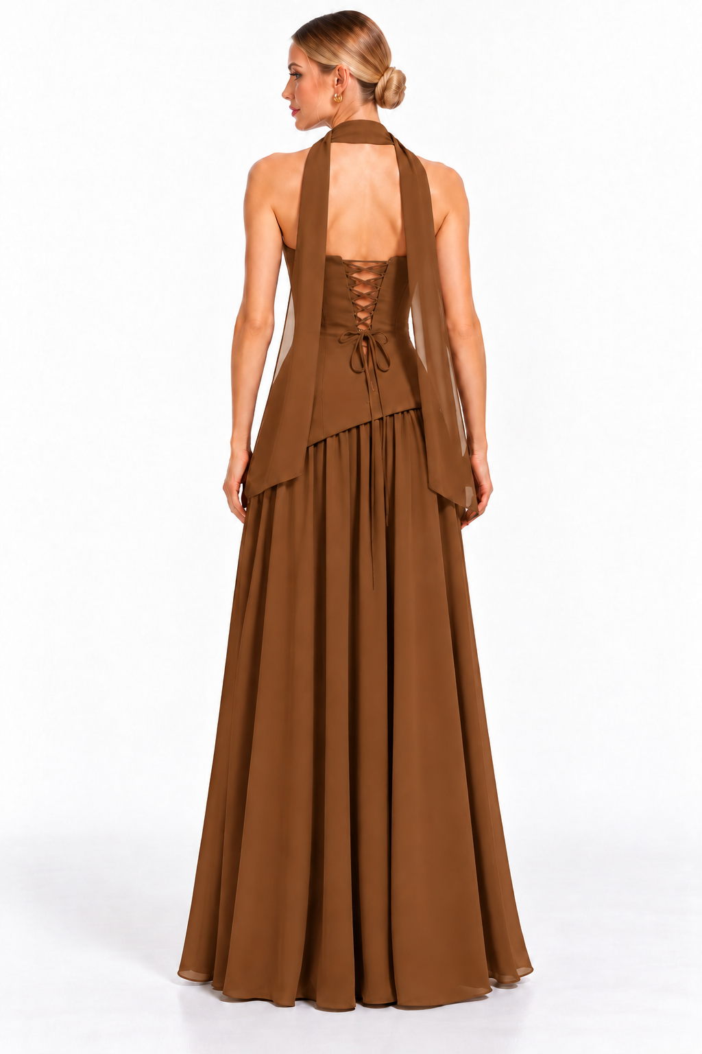 Pink Shop by MAF Vestido largo strapless con falda de chifón y bufanda camel, vista 3