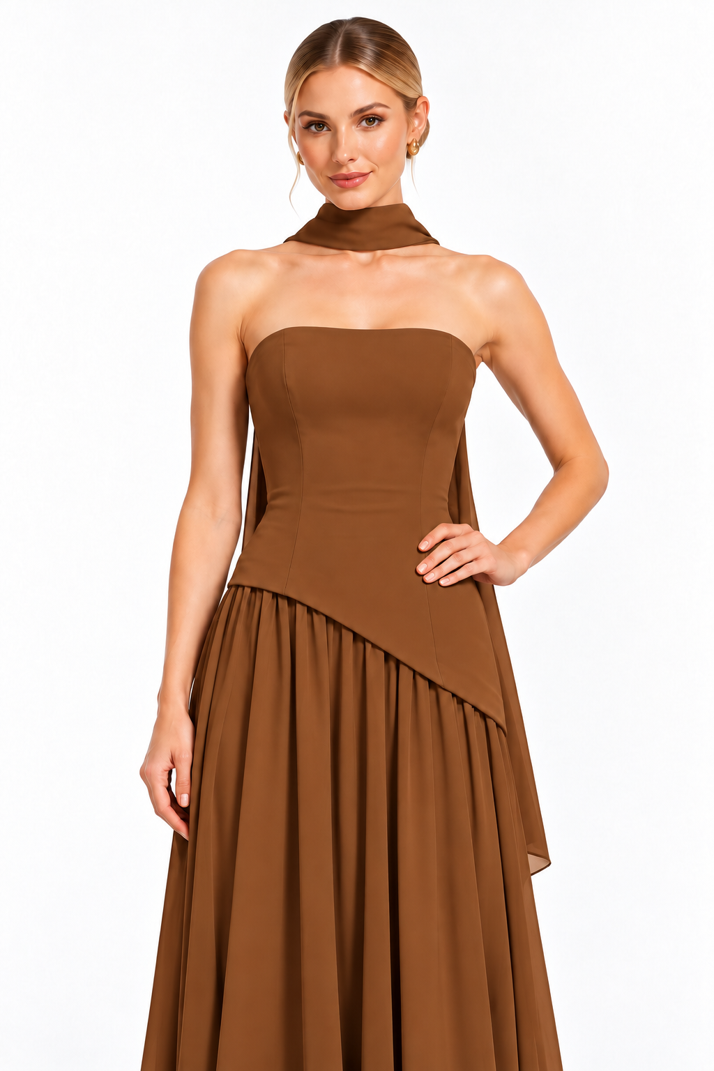 Pink Shop by MAF Vestido largo strapless con falda de chifón y bufanda camel, vista 6