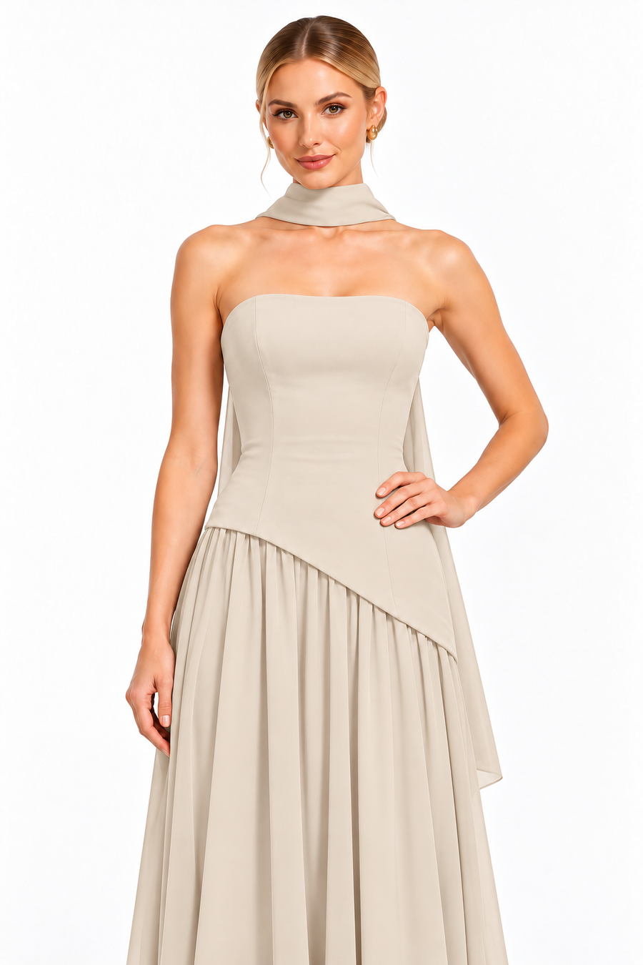 Pink Shop by MAF Vestido largo strapless con falda de chifón y bufanda champagne, vista 7