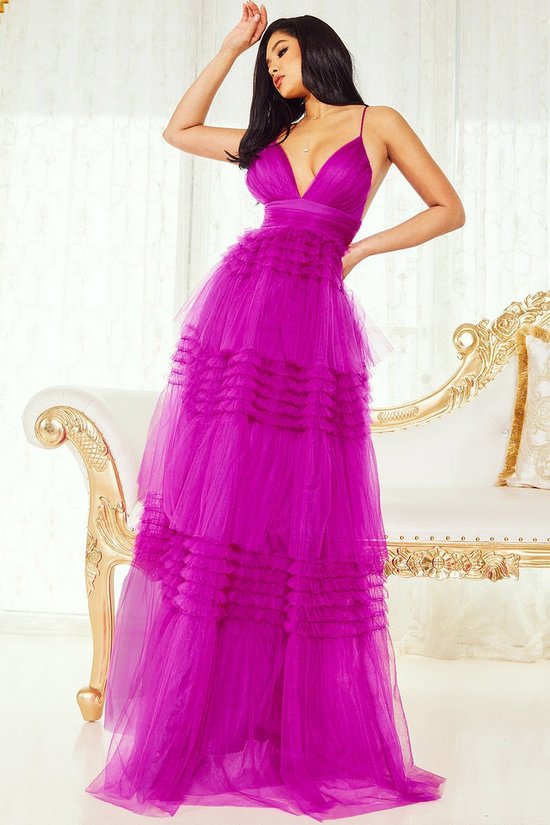 Vestido Largo Tul Falda Capas Escote EN V Violeta