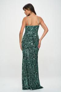 Vestido largo de lentejuelas escote V verde botella