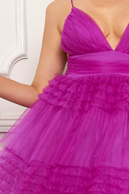 Vestido Largo Tul Falda Capas Escote EN V Violeta