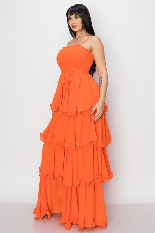 Vestido Largo Corrugado  Falda Capas Naranja