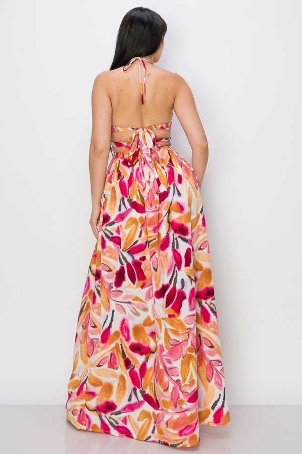 Vestido Largo cut off flores Con Cadena