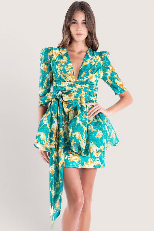 Vestido Corto manga corta con peplum Verde