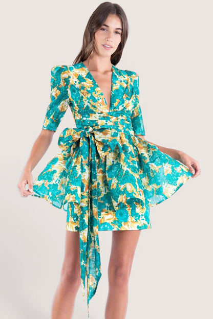 Vestido Corto manga corta con peplum Verde