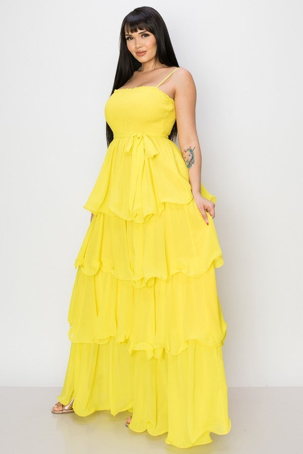Vestido Largo Corrugado  Falda Capas Amarillo