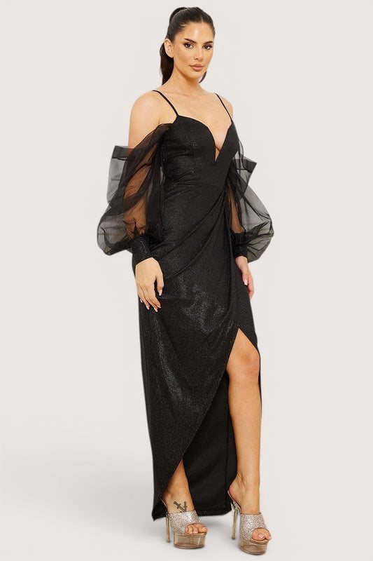 Vestido Largo Tulipan Escote V Manga globo negro