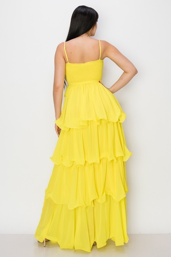 Vestido Largo Corrugado  Falda Capas Amarillo
