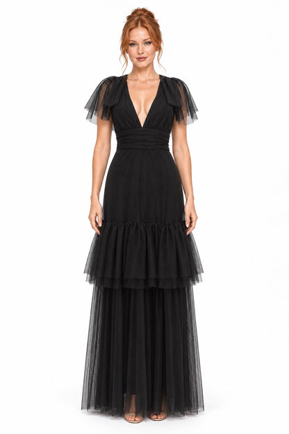 Pink Shop by MAF vestido largo de tul negro con olanes, vista 1