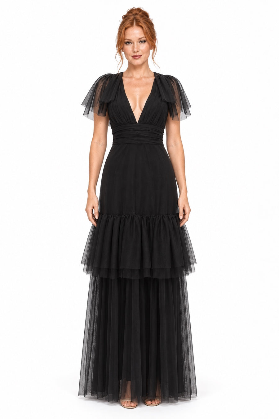 Pink Shop by MAF vestido largo de tul negro con olanes, vista 1