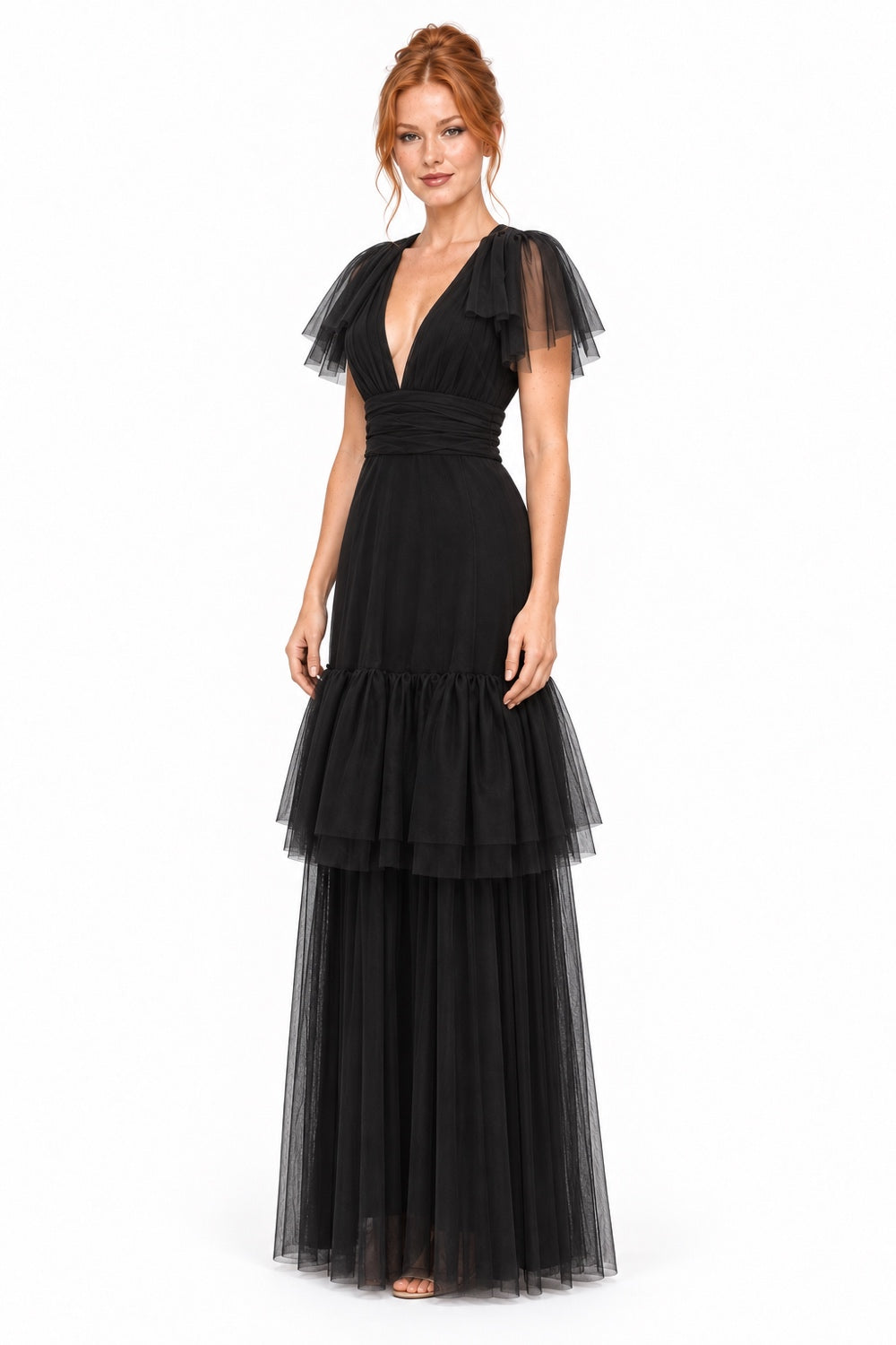 Pink Shop by MAF vestido largo de tul negro con olanes, vista 3