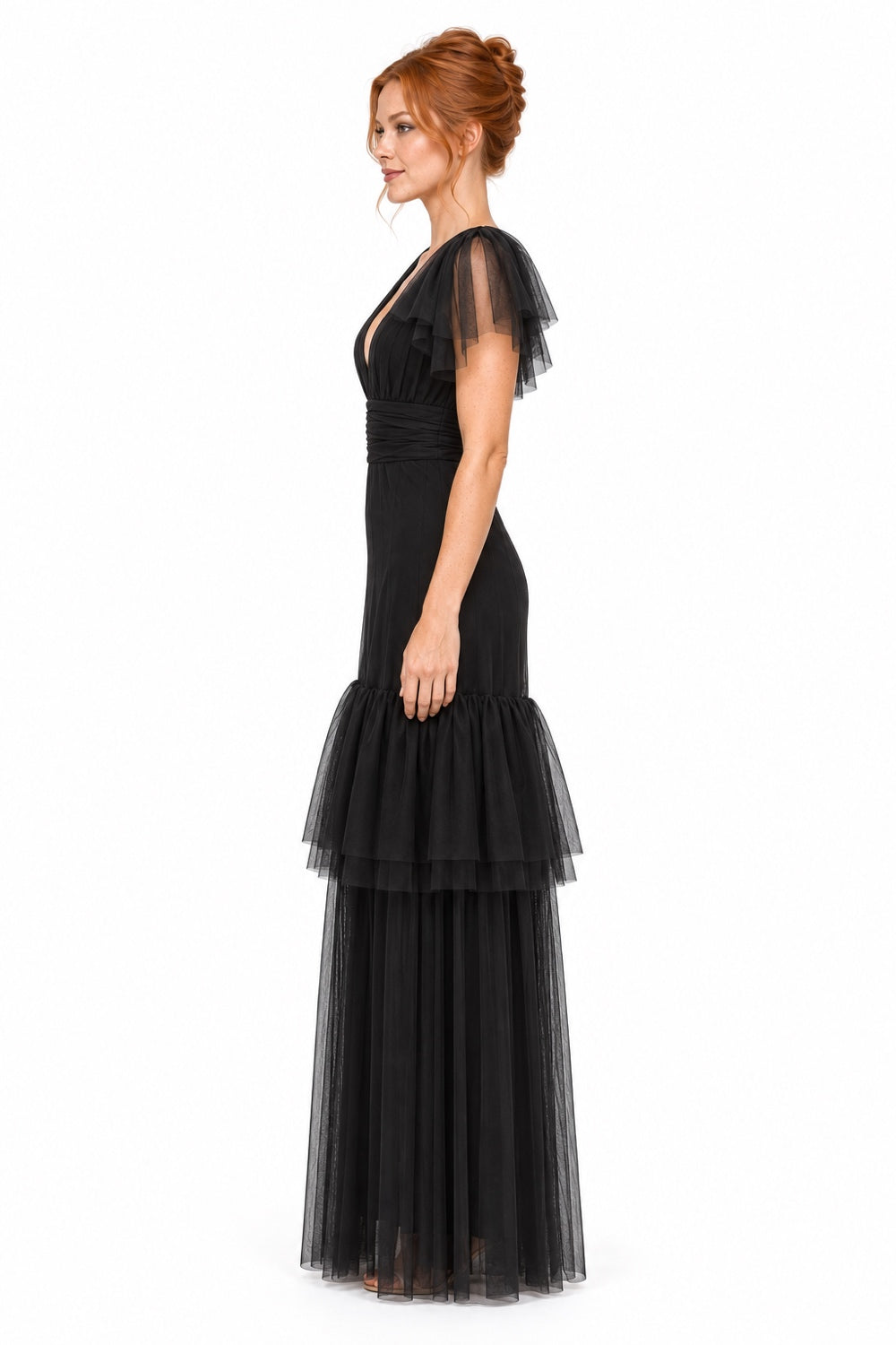 Pink Shop by MAF vestido largo de tul negro con olanes, vista 4