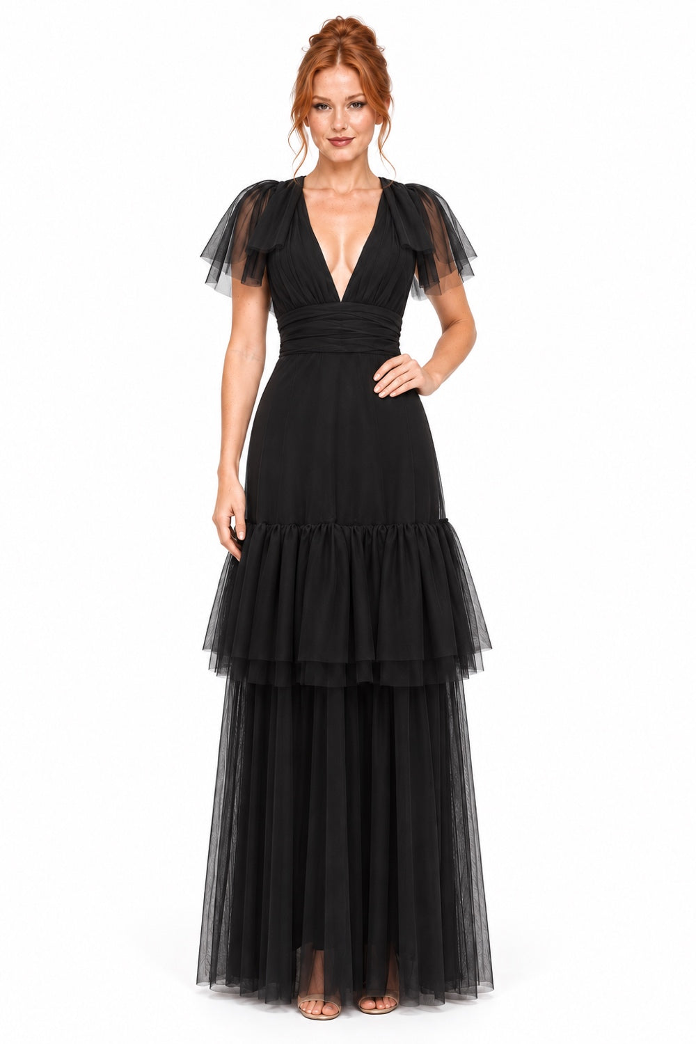 Pink Shop by MAF vestido largo de tul negro con olanes, vista 6