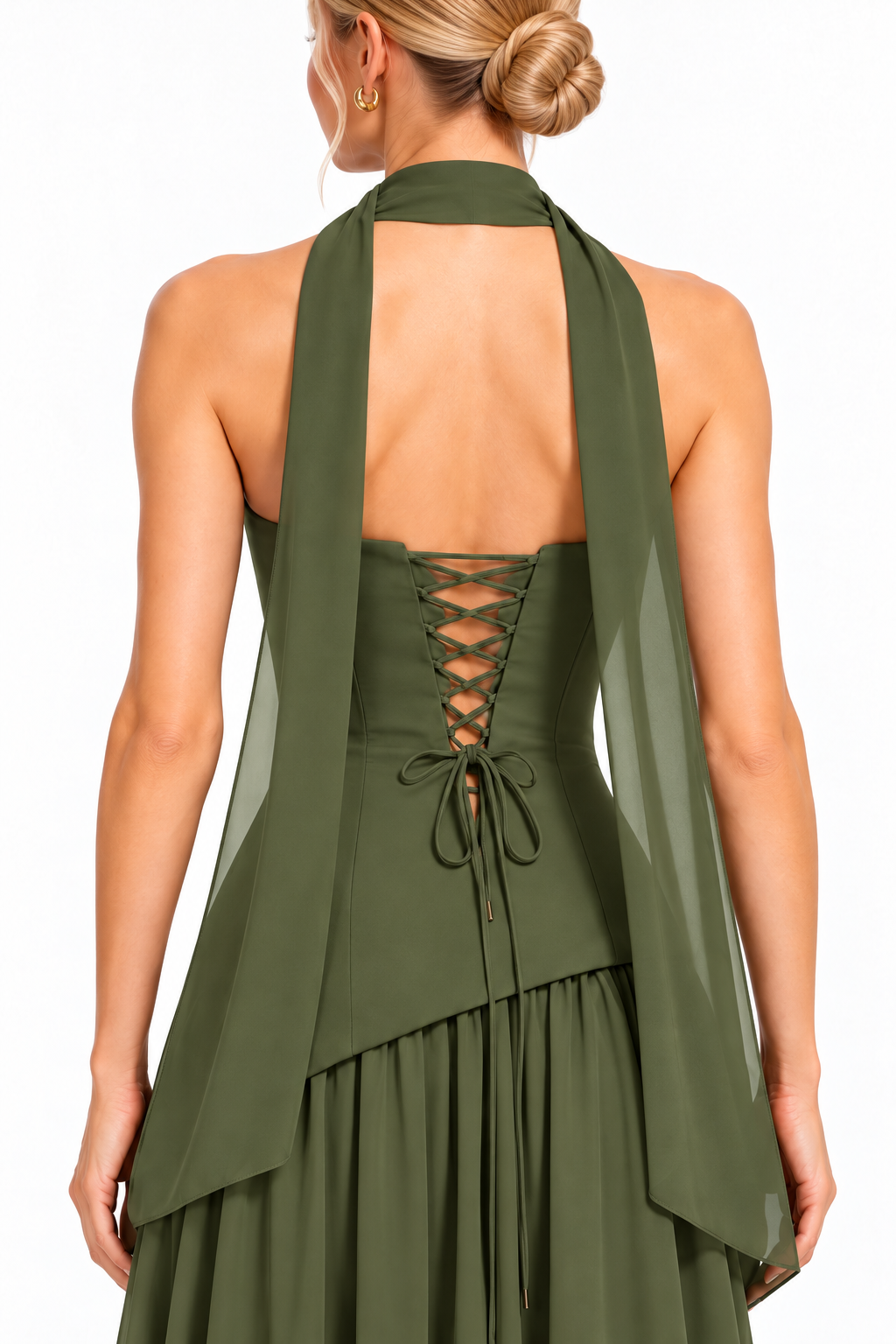 Pink Shop by MAF Vestido largo strapless con falda de chifón y bufanda verde olivo, detalle