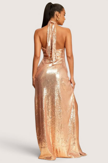 Vestido Largo Halter Oro Rosa Lentejuela