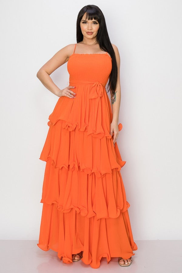 Vestido Largo Corrugado  Falda Capas Naranja