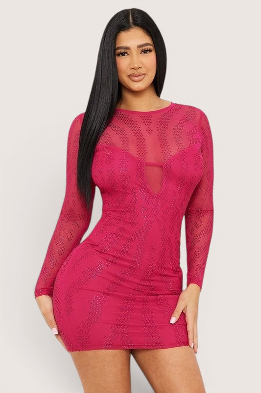 Vestido corto Mesh con pedreria Manga larga