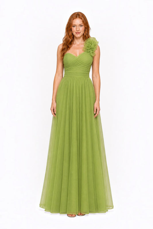 Pink shop by maf apple green tulle evening gown with one-shoulder 3D floral detail and pleated sweetheart bodice
