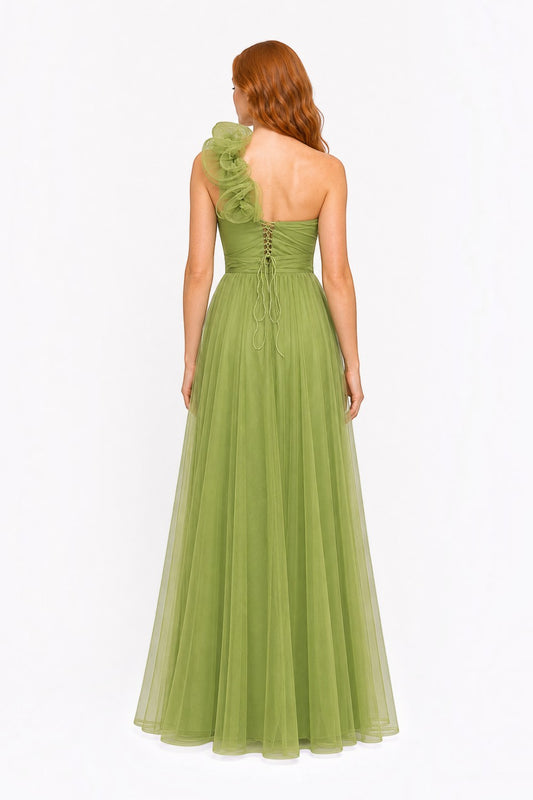 Pink shop by maf apple green tulle maxi dress with one-shoulder 3D flower, pleated bodice, and lace-up back detail.