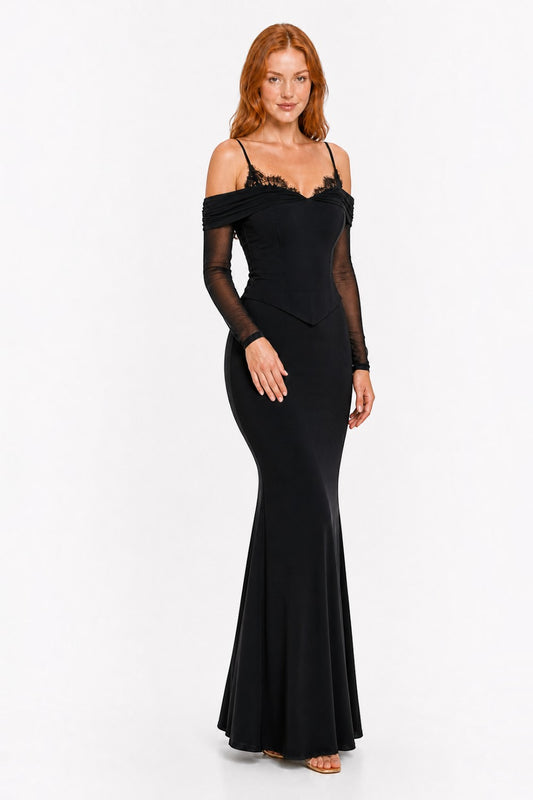 Pink shop by maf black off-shoulder maxi dress with corset bodice, lace trim, and sheer mesh long sleeves