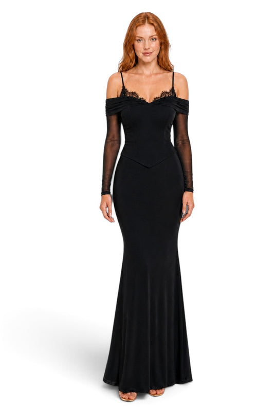Pink shop by maf black off-shoulder maxi dress with corset bodice, lace trim, and sheer mesh long sleeves