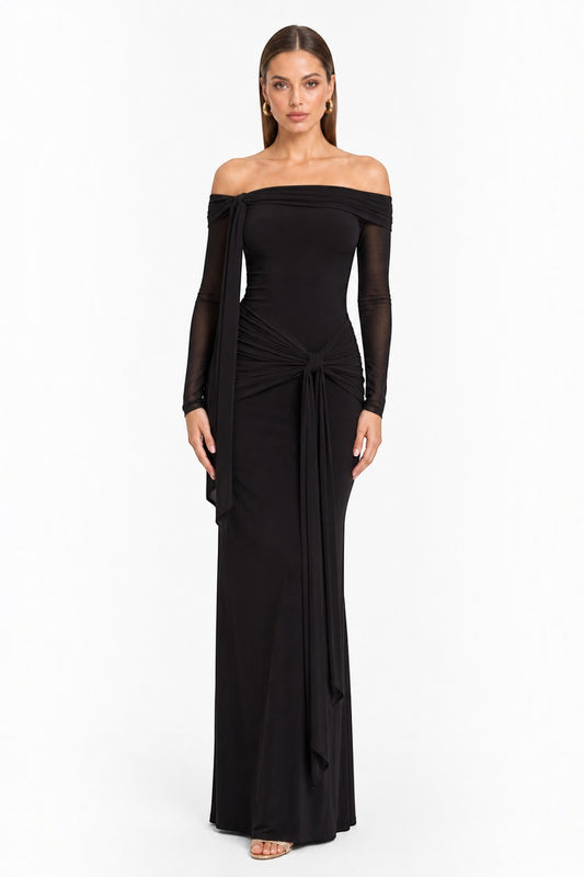 Pink shop by maf black off-shoulder maxi dress in jersey with mesh sleeves and draped waist tie detail