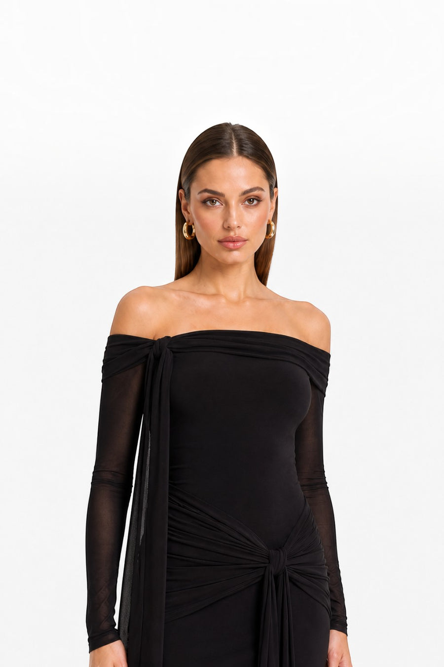 Pink shop by maf black off-shoulder maxi dress in jersey with sheer mesh sleeves and draped waist tie detail