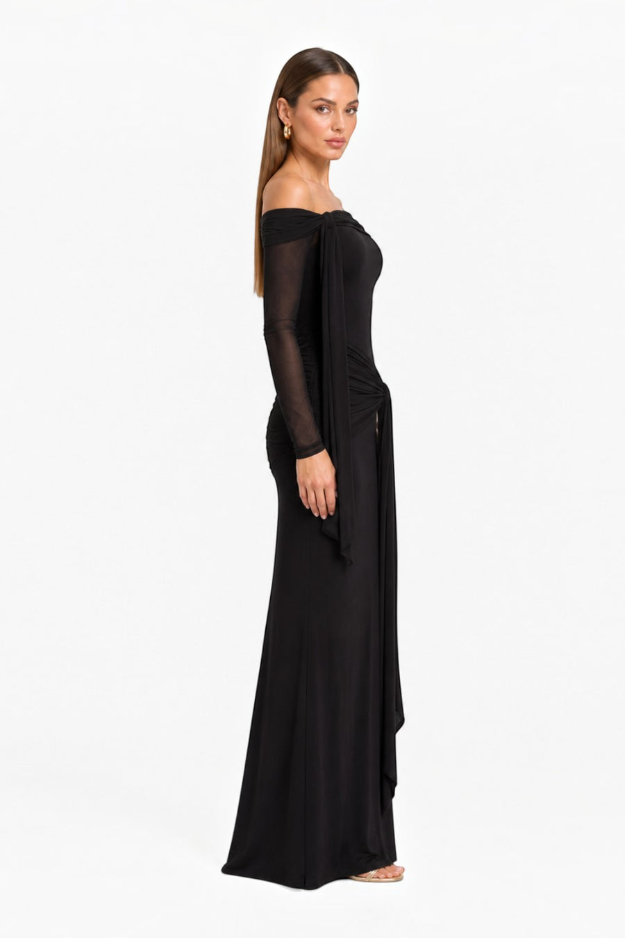 Pink shop by maf black off-shoulder maxi dress in jersey with mesh sleeves and draped waist tie detail