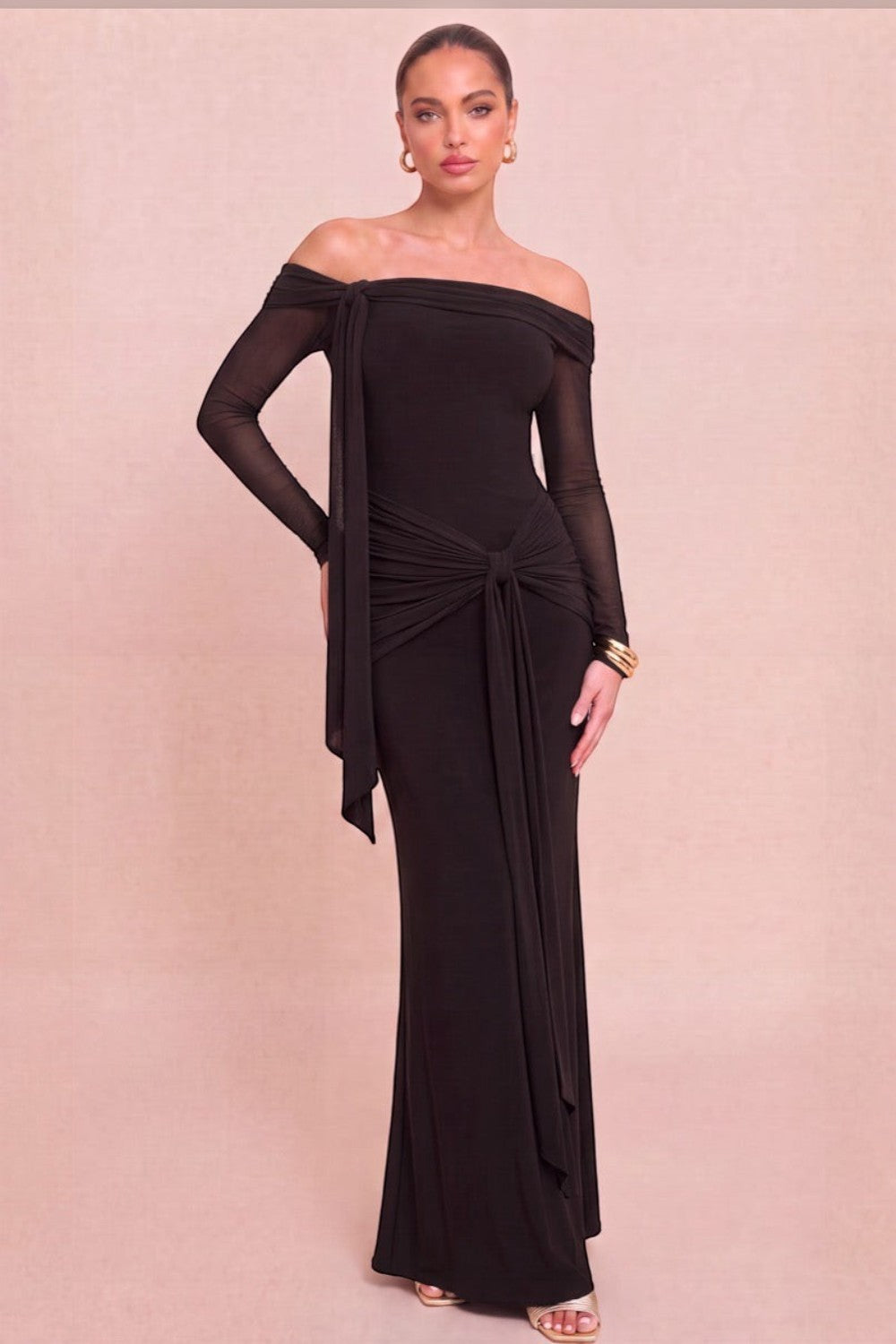 Pink shop by maf black off-shoulder maxi dress in jersey with mesh sleeves and draped waist tie detail.