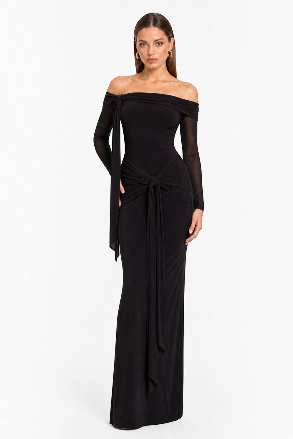 Pink shop by maf black off-shoulder maxi dress in jersey with mesh sleeves and draped waist tie detail