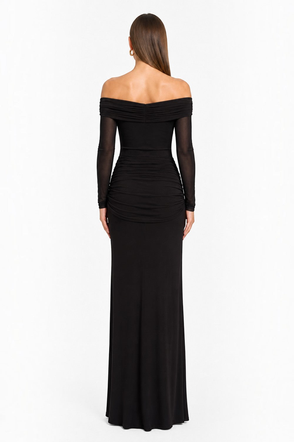 Back view of a Pink shop by maf black off-shoulder maxi dress in jersey with mesh sleeves and draped waist tie.