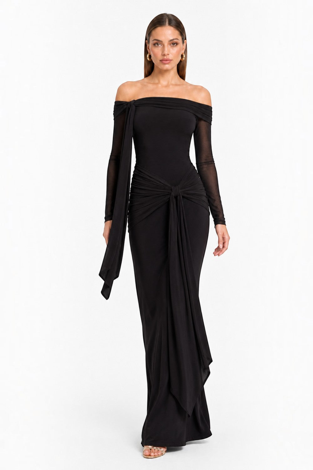 Pink shop by maf black off-shoulder maxi dress in jersey with mesh sleeves and draped waist tie detail