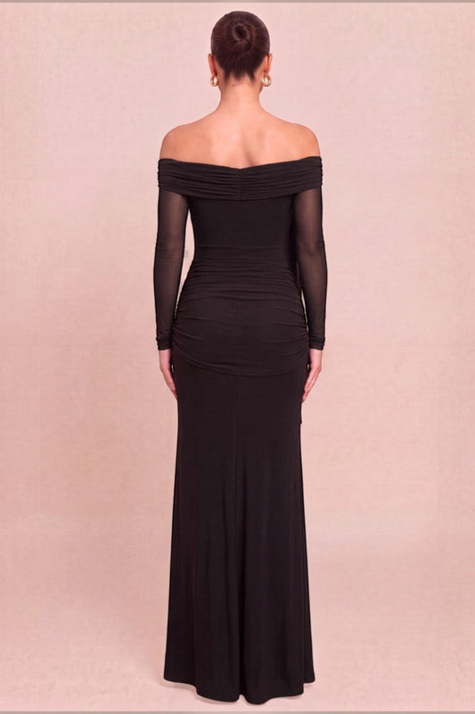 Back view of Pink shop by maf black off-shoulder maxi dress in jersey with mesh sleeves and draped waist detail.
