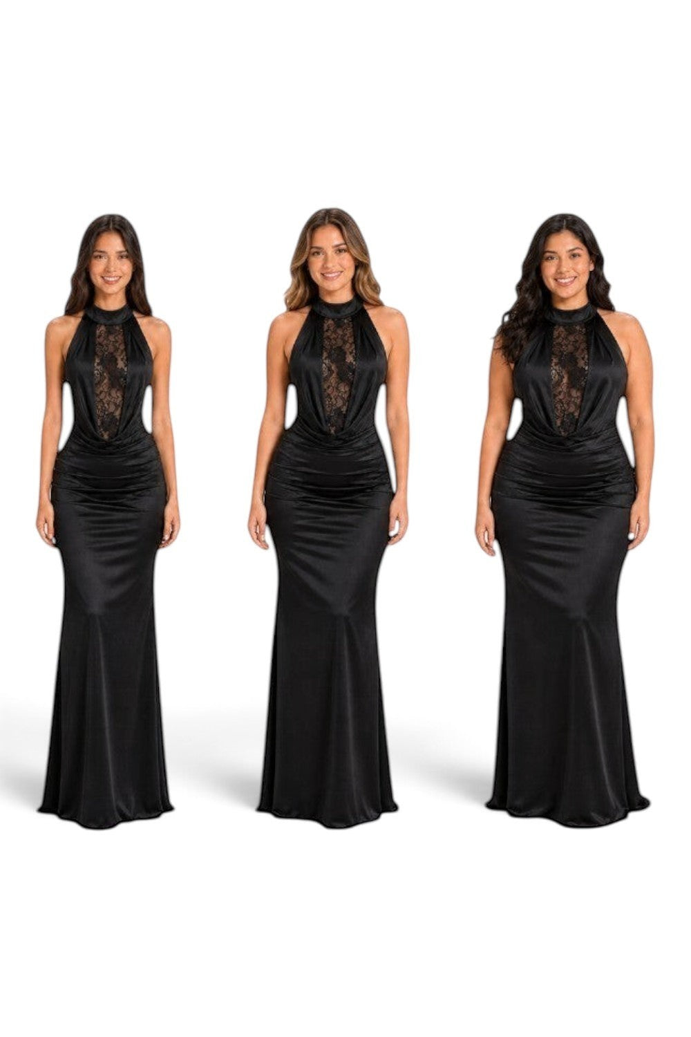 Pink shop by maf black satin halter maxi dress with sheer lace center panel and cowl drape on three diverse models